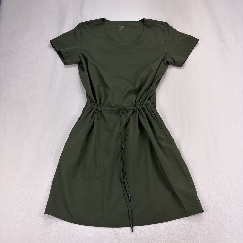Mondetta Olive Green Drawstring Waist Short Sleeve Dress M - Picture 2 of 10